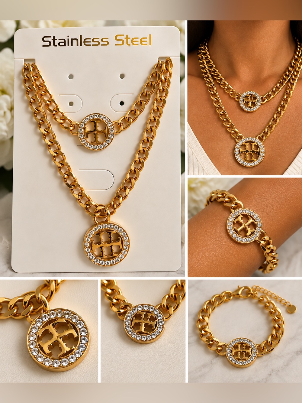 Gold Stainless Steel Layered Necklace & Bracelet Set with Pave Medallion Set 3
